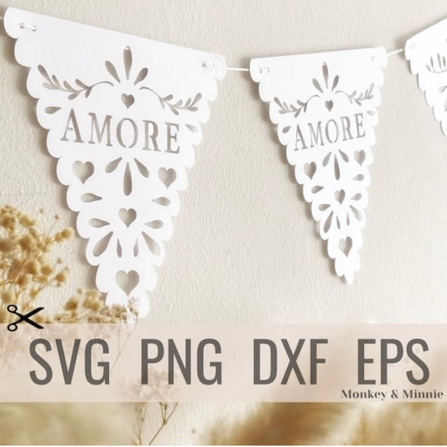 Bunting in a triangle shape with the words amore and a papel picado design. Suitable for a wedding, engagement party, anniversary or bridal shower. This is a digital cutting file SVG, PNG, EPS and DXF to create your own beautiful banners.